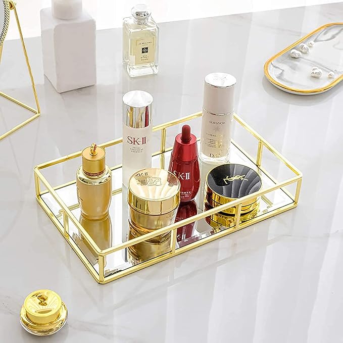 Gold Glass Mirror Tray, Metal Perfume & Jewelry Tray, Decorative Vanity Makeup Organizer for Bedroom Cosmetics Storage