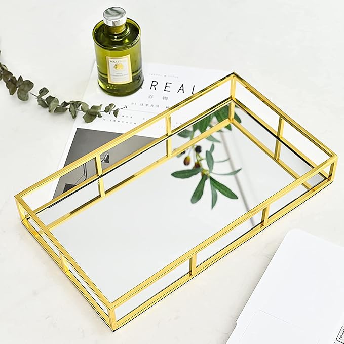 Gold Glass Mirror Tray, Metal Perfume & Jewelry Tray, Decorative Vanity Makeup Organizer for Bedroom Cosmetics Storage