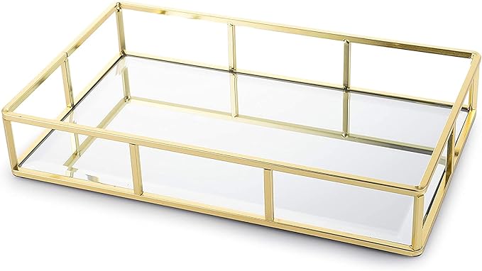 Gold Glass Mirror Tray, Metal Perfume & Jewelry Tray, Decorative Vanity Makeup Organizer for Bedroom Cosmetics Storage