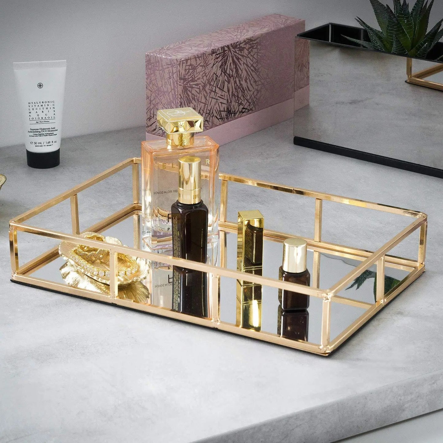 Gold Glass Mirror Tray, Metal Perfume & Jewelry Tray, Decorative Vanity Makeup Organizer for Bedroom Cosmetics Storage