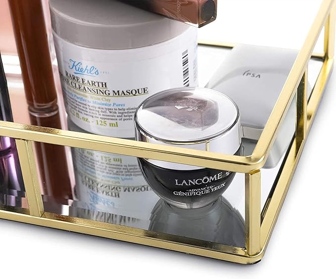 Gold Glass Mirror Tray, Metal Perfume & Jewelry Tray, Decorative Vanity Makeup Organizer for Bedroom Cosmetics Storage