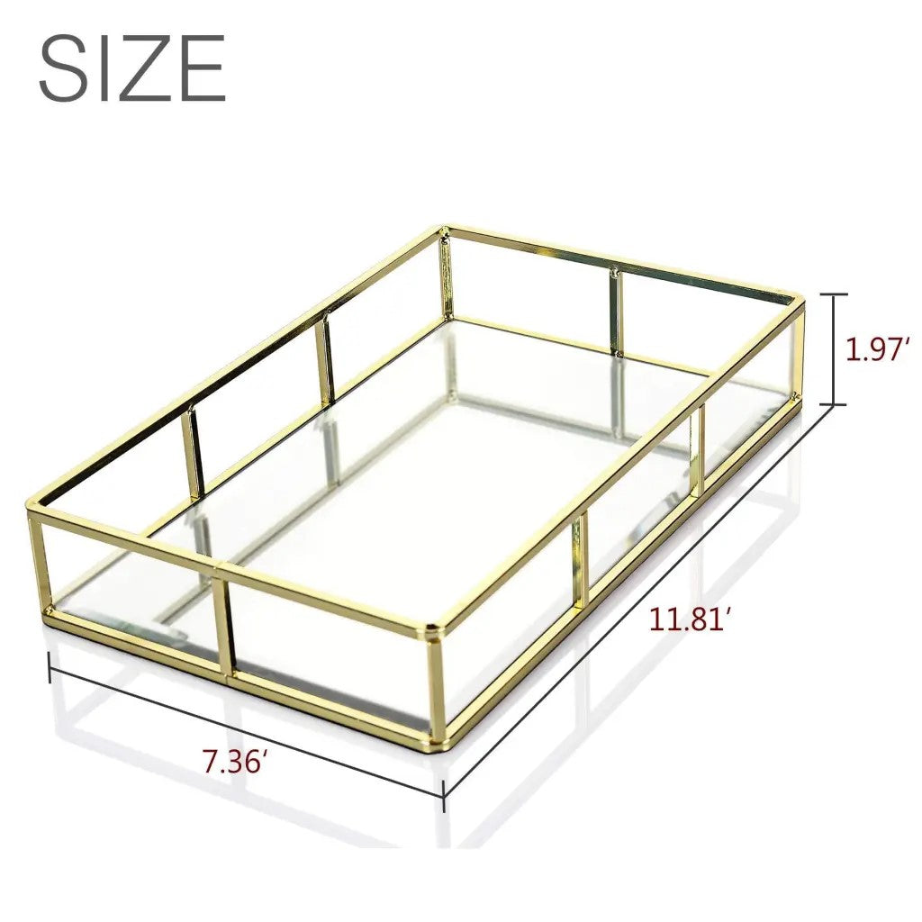 Gold Glass Mirror Tray, Metal Perfume & Jewelry Tray, Decorative Vanity Makeup Organizer for Bedroom Cosmetics Storage