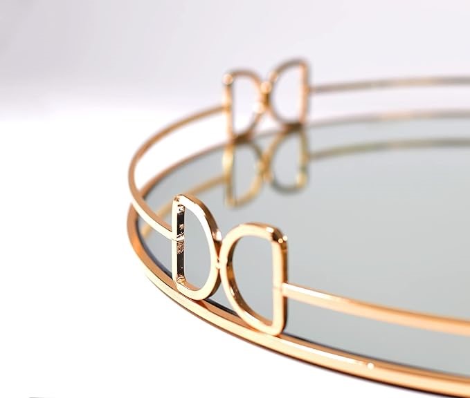 Decorative Tray Metal Mirrored Round Serving Trays with Butterfly Handles Perfume Jewelry Trinket Organizer for Vanity Home Décor (Gold, 16")