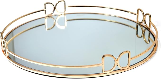 Decorative Tray Metal Mirrored Round Serving Trays with Butterfly Handles Perfume Jewelry Trinket Organizer for Vanity Home Décor (Gold, 16")