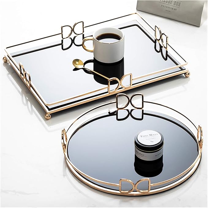 Decorative Tray Metal Mirrored Round Serving Trays with Butterfly Handles Perfume Jewelry Trinket Organizer for Vanity Home Décor (Gold, 16")