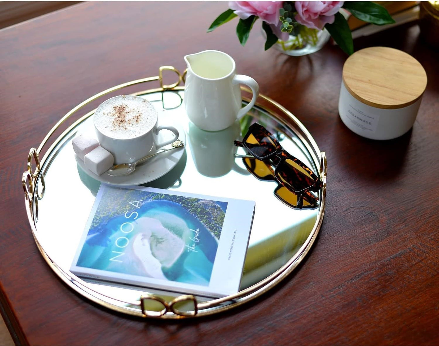 Decorative Tray Metal Mirrored Round Serving Trays with Butterfly Handles Perfume Jewelry Trinket Organizer for Vanity Home Décor (Gold, 16")