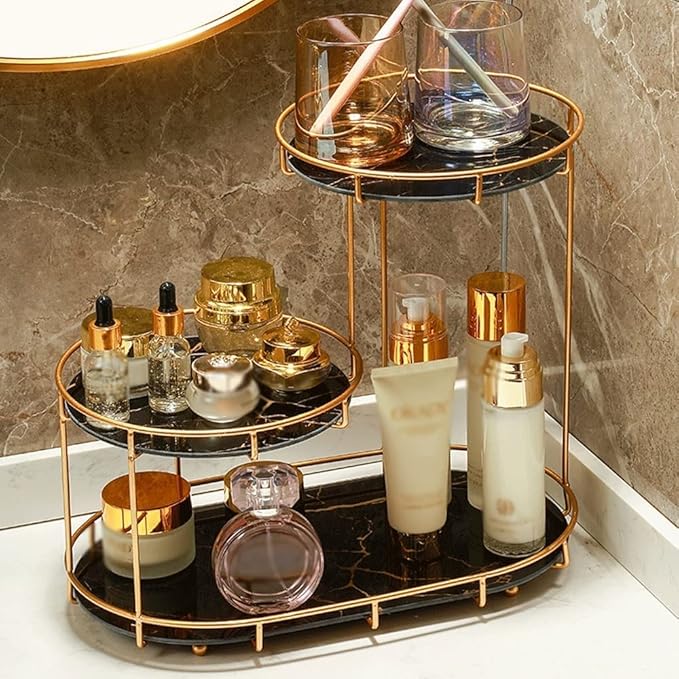Multi-level Vanity Rack is Perfect for Keeping your Beauty Essentials Organized and Easily Accessible. With Multiple Levels and Compartments